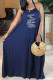 Tibetan Blue Fashion Bohemian Print Backless Letter Halter A Line Dresses