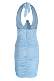 Light Blue Sexy Solid Patchwork Backless Halter Pencil Skirt Dresses