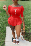 Red Sexy Print Flounce Off the Shoulder Half Sleeve Two Pieces