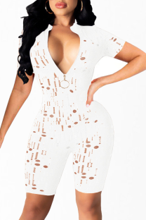White Sexy Solid Hollowed Out Zipper Collar Skinny Rompers