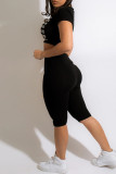 Black Sexy Print Hollowed Out Patchwork O Neck Short Sleeve Two Pieces