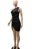 Black Sexy Solid Patchwork Zipper Oblique Collar Irregular Dress Dresses