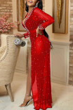 Red Sexy Solid Patchwork See-through Slit Hot Drill V Neck Straight Dresses