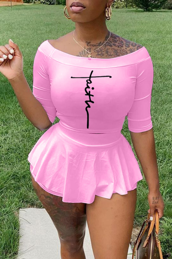 Pink Sexy Print Flounce Off the Shoulder Half Sleeve Two Pieces