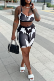 Black And White Sexy Print Patchwork Spaghetti Strap Sleeveless Two Pieces