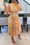 Yellow Casual Print Patchwork Half A Turtleneck Cake Skirt Dresses