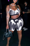 Black And White Sexy Print Patchwork Spaghetti Strap Sleeveless Two Pieces