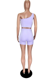 Light Purple Sexy Solid Hollowed Out One Shoulder Sleeveless Two Pieces