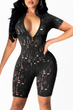 Coffee Sexy Solid Hollowed Out Zipper Collar Skinny Rompers