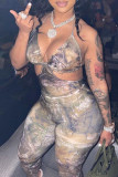 Grey Sexy Print Bandage Patchwork Backless Halter Regular Jumpsuits