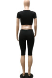 Black Sexy Print Hollowed Out Patchwork O Neck Short Sleeve Two Pieces