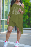Grey Fashion Print Hot Drill One Shoulder Long Sleeve Two Pieces