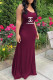 Burgundy Fashion Sexy Print Backless Spaghetti Strap One Step Skirt Dresses