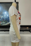 White Casual Print Patchwork O Neck Short Sleeve Two Pieces