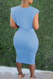 Cyan Sexy Solid Patchwork O Neck Short Sleeve Two Pieces