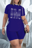 Blue Fashion Print Hot Drill O Neck Short Sleeve Two Pieces
