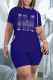 Blue Fashion Print Hot Drill O Neck Short Sleeve Two Pieces