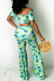 Blue Sexy Print Bandage Off the Shoulder Short Sleeve Two Pieces