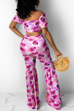 Blue Sexy Print Bandage Off the Shoulder Short Sleeve Two Pieces