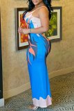 Blue Sexy Print Patchwork Spaghetti Strap Trumpet Mermaid Dresses