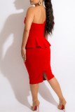 Red Elegant Solid Split Joint Flounce Asymmetrical Asymmetrical Collar Evening Dress Dresses