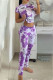 Purple Fashion Casual Print Patchwork Hooded Collar Short Sleeve Two Pieces