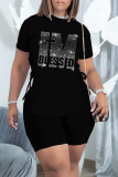 Blue Fashion Print Hot Drill O Neck Short Sleeve Two Pieces