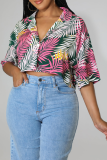Multicolor Casual Print Patchwork Turndown Collar Tops