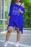Grey Fashion Print Hot Drill One Shoulder Long Sleeve Two Pieces
