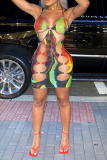 Multi-color Sexy Print Hollowed Out Halter Pencil Skirt Dresses