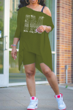 Grey Fashion Print Hot Drill One Shoulder Long Sleeve Two Pieces
