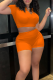 Tangerine Red Sexy Solid Patchwork V Neck Short Sleeve Two Pieces
