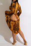 Brown Sexy Print Hollowed Out Patchwork Swimwears