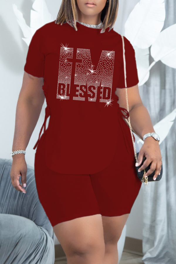 Burgundy Fashion Print Hot Drill O Neck Short Sleeve Two Pieces