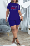 Blue Fashion Hot Drilling Draw String O Neck Short Sleeve Two Pieces