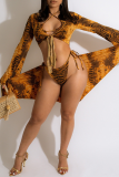 Brown Sexy Print Hollowed Out Patchwork Swimwears