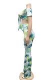 Blue Sexy Print Bandage Off the Shoulder Short Sleeve Two Pieces