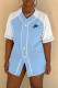 Light Blue Fashion Sportswear Print Patchwork V Neck T-Shirts