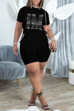 Blue Fashion Print Hot Drill O Neck Short Sleeve Two Pieces