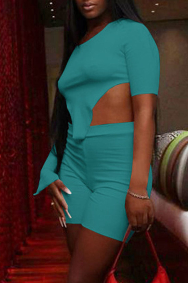 Lake Blue Sexy Solid Asymmetrical O Neck Half Sleeve Two Pieces