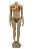 Brown Sexy Print Hollowed Out Patchwork Swimwears