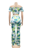Blue Sexy Print Bandage Off the Shoulder Short Sleeve Two Pieces