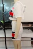 White Casual Print Patchwork Hooded Collar Short Sleeve Two Pieces