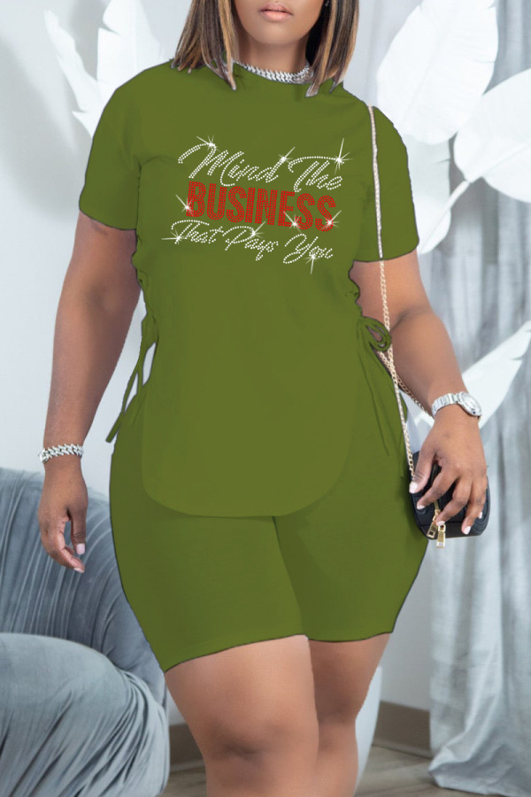 Army Green Fashion Hot Drilling Draw String O Neck Short Sleeve Two Pieces