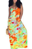 tangerine Sexy Gradual Change Print Tie Dye Contrast V Neck Step Skirt Dresses
