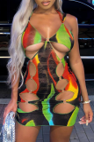 Multi-color Sexy Print Hollowed Out Halter Pencil Skirt Dresses