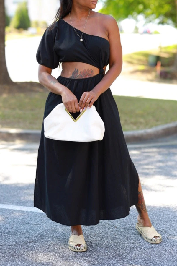 Black Casual Solid Hollowed Out One Shoulder Straight Dresses