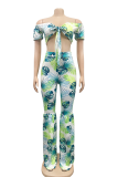 Blue Sexy Print Bandage Off the Shoulder Short Sleeve Two Pieces