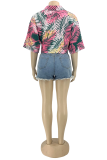Multicolor Casual Print Patchwork Turndown Collar Tops