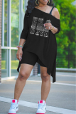 Grey Fashion Print Hot Drill One Shoulder Long Sleeve Two Pieces